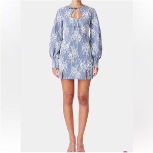 elliatt safia blue white lace long sleeve cut out neck tie mini dress size small